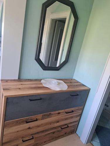 a bathroom with a sink and a mirror on a dresser at Ferienwohnung direkt am See 3 in Altmünster