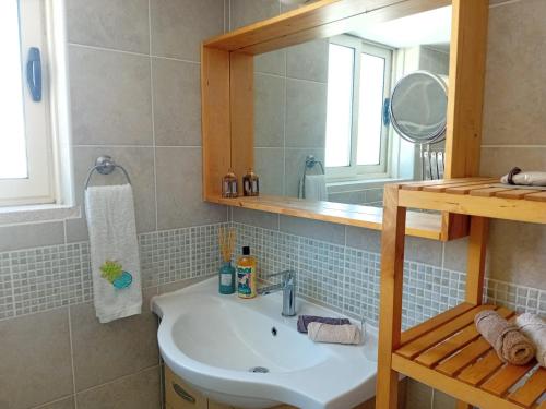 a bathroom with a sink and a mirror at Green Door 3bdr flat City Centre in Nicosia
