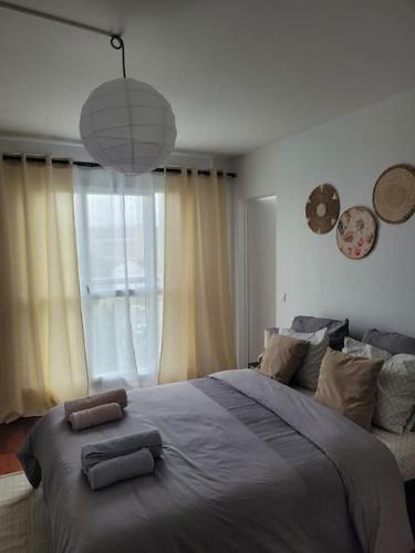 une chambre avec un grand lit avec deux oreillers dessus dans l'établissement Studio Cosy proche Métro, à Aubervilliers