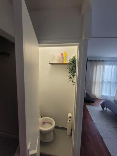 La salle de bains est pourvue de toilettes et d'une étagère sur le mur. dans l'établissement Studio Cosy proche Métro, à Aubervilliers