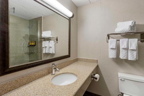 a bathroom with a sink and a mirror and a toilet at Best Western Plus Kingston Hotel and Conference Center in Kingston