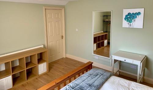 a bedroom with a bed and a mirror in it at Carrigadaggen Lodge 2 king bed Apartment - Spacious & Comfy! in Ballynabola