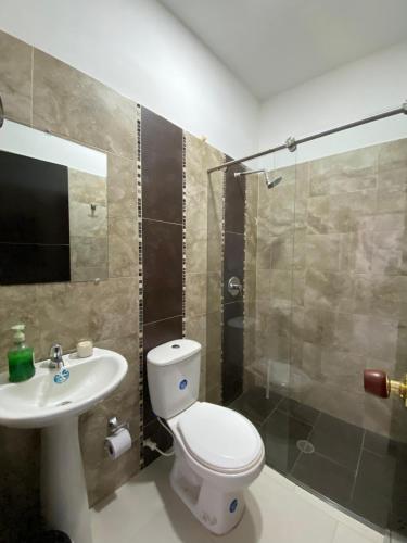 a bathroom with a toilet and a sink and a shower at Hotel Sol del Desierto in Villavieja