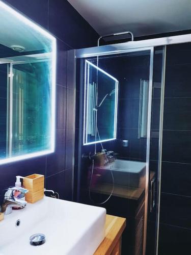 une salle de bain avec un lavabo et un miroir dans l'établissement Charmant Pavillon - 15 min de Paris - Gare à 300 m, à Cormeilles-en-Parisis