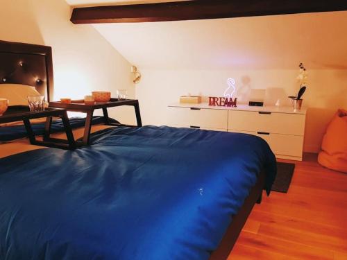 - une chambre avec un lit bleu et une table dans l'établissement Charmant Pavillon - 15 min de Paris - Gare à 300 m, à Cormeilles-en-Parisis