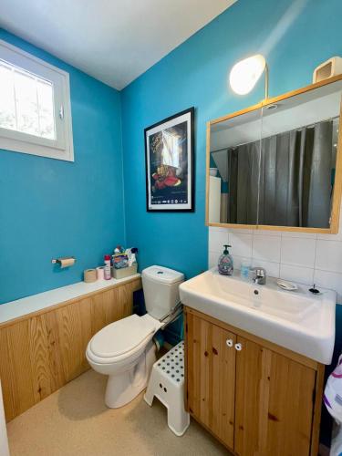 une salle de bain bleue avec des toilettes et un lavabo dans l'établissement Appartement-magnifique terrasse, à Saint-Hilaire
