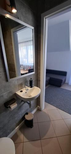 a bathroom with a sink and a mirror at Mini apartamenty Lubelska in Puławy