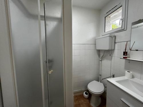 une salle de bain avec une douche, des toilettes et un lavabo dans l'établissement Studio idéal entre centre-ville et Thermes avec jardin et WIFI - FR-1-541-115, à La Roche-Posay