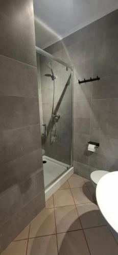a bathroom with a shower and a sink at Mini apartamenty Lubelska in Puławy