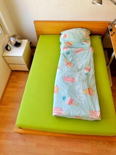a green bed with a pillow on top of it at 5 min in die City - Euer neues Zuhause in Bern in Engehalde