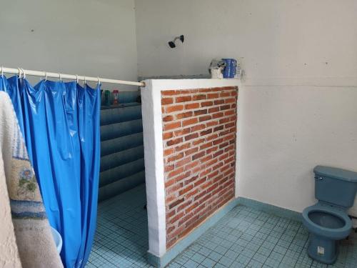 a bathroom with a brick wall and a blue toilet at Casa de la Rosa in Malinalco