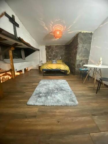 a room with a bed and a rug on the floor at Cabaña Piedra y Viento in San José de Maipo