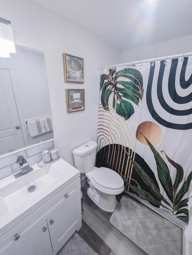 a bathroom with a toilet and a shower curtain at TSDLS Hometel in Smithfield