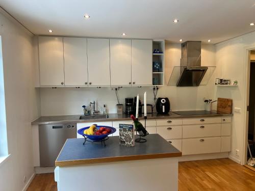 a kitchen with a bowl of fruit on a counter at Villa LakePlats in Östersund
