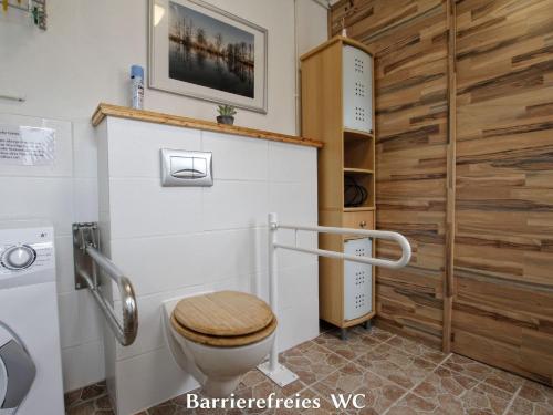 a bathroom with a toilet and a wooden wall at Barrierefreie Ferienwohnung Godhans in Görmin