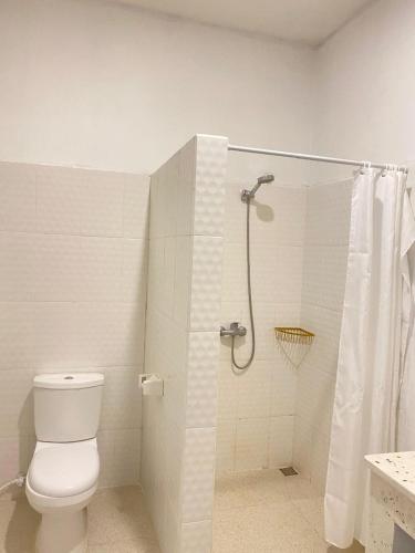 a white bathroom with a shower and a toilet at Palmhouse Boutique Hotel in Kuta Lombok