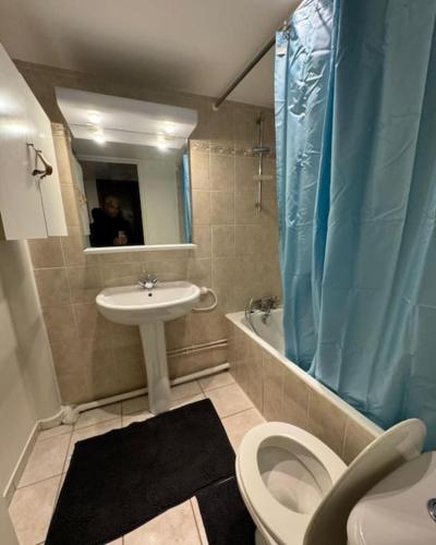 une salle de bain avec un lavabo, des toilettes et un miroir dans l'établissement Studio Neuilly sur Seine, à Neuilly-sur-Seine