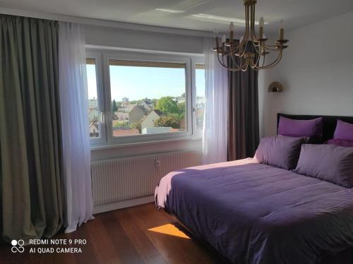 une chambre avec un lit violet et une fenêtre dans l'établissement Grand F3 COSY proche du centre-ville, à Strasbourg