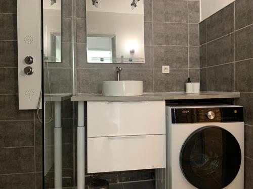 une salle de bain avec une machine à laver et un lavabo dans l'établissement Charmant studio au Cézanne, à Gréoux-les-Bains