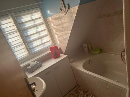 une salle de bain avec baignoire et toilettes et une fenêtre dans l'établissement Chez Ana, à Ohnenheim