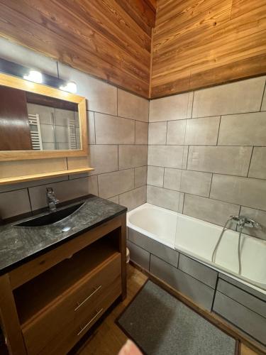 a bathroom with a sink and a bath tub at Le Petit Chalet du Belvédère in Font Romeu Odeillo Via