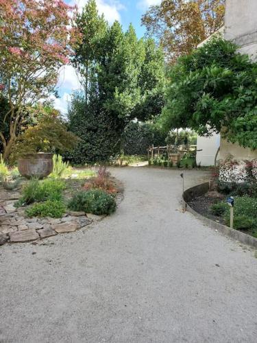une allée menant à un jardin avec des arbres et des buissons dans l'établissement La Grelauderie 7, à Saintes