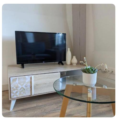 un salon avec une télévision à écran plat sur un centre de divertissement dans l'établissement Studio aux cœurs des remparts, à Gravelines