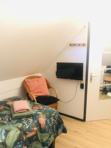 a room with a bed and a flat screen tv at Studio Enschede Twente - Rust, natuur & gratis parkeren in Enschede