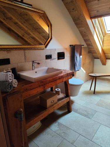 a bathroom with a sink and a toilet at Lechrain Chalet - 5 Sterne Ferienhaus - für 6 Personen - Biohof zwischen Ammersee und Lech in Reichling