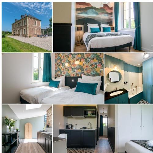 un collage de photos d'une chambre d'hôtel dans l'établissement Domaine des Horizons, à La Poterie-Cap-dʼAntifer
