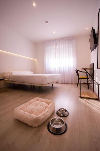 a room with a bed and a dog bowl on the floor at U-Hotel Darío Lugo in Lugo