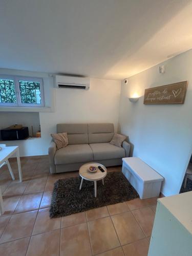 un salon avec un canapé et une table dans l'établissement Très joli appartement Saint-Raphaël, à Saint-Raphaël