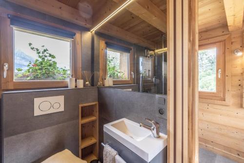 łazienka z umywalką i lustrem w obiekcie Petit Chalet Cosy w mieście Combloux