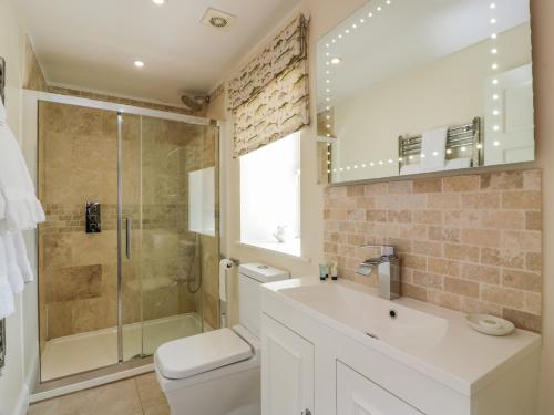 a bathroom with a toilet and a sink and a shower at The Suite in Thornhill