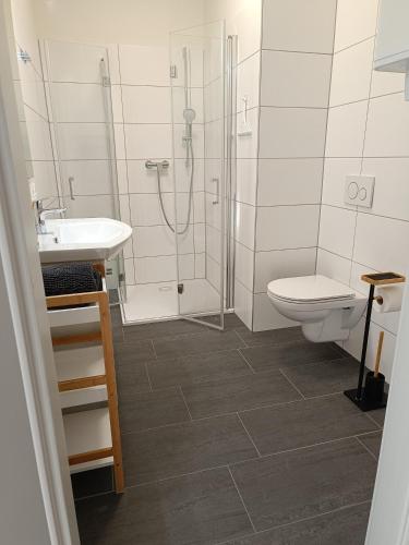 a bathroom with a shower and a toilet and a sink at Apartments Nassfeldpass in Hermagor