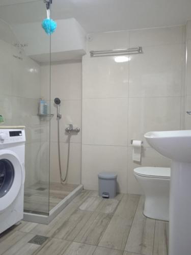 a bathroom with a washing machine and a sink at Enastron Cozy & Quiet Apartment in Heraklio