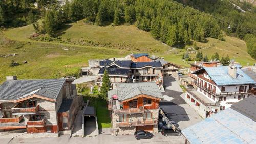 an aerial view of a village with houses and trees at Chalet Monte Bianco in Tignes