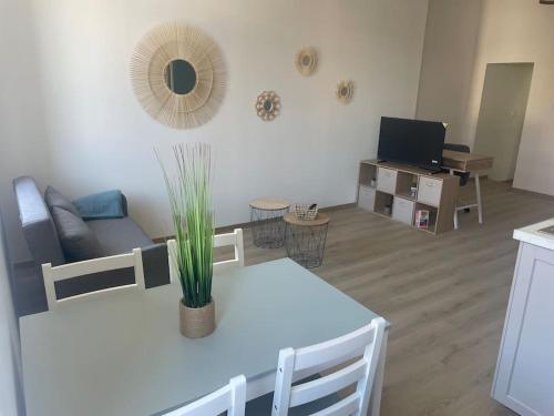 a living room with a couch and a table with a plant at Le Cocon à Muret in Muret