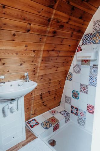 a bathroom with a sink and wooden walls at Wild Wren - A Nordic Getaway in Callington