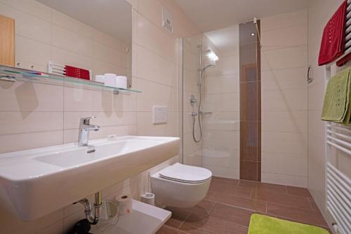 a bathroom with a sink and a toilet and a shower at Haus Lackner am Weissensee in Kärnten in Weissensee