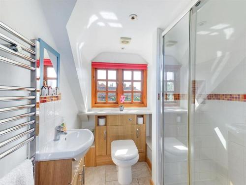 a bathroom with a toilet and a sink and a shower at Riverside Cottage with balcony and fishing jetty in Upton upon Severn