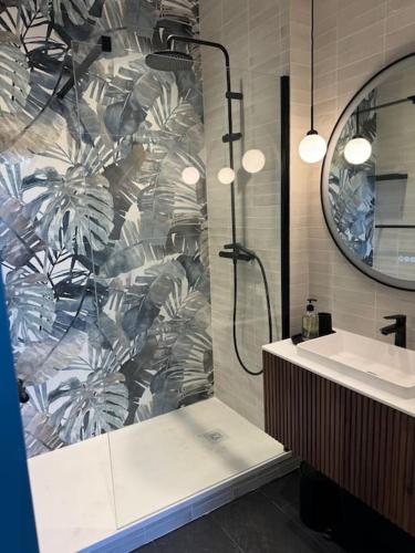 une salle de bain avec une douche, un lavabo et un miroir dans l'établissement Hyper centre st Germain en laye appt de standing, à Saint-Germain-en-Laye