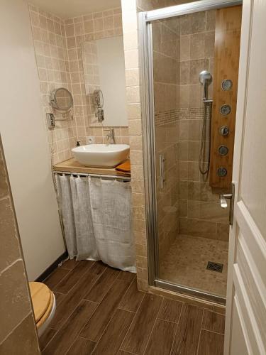 une salle de bain avec un lavabo, une douche et des toilettes dans l'établissement Longère de charme entre campagne et mer, à Hermival-les-Vaux