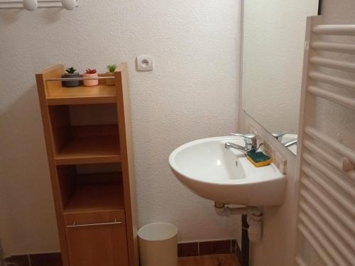 une salle de bain avec un lavabo et un miroir dans l'établissement Appartement confortable, 300m des pistes et commerces, balcon sud, parking, animaux acceptés - FR-1-618-14, à Albiez-Montrond