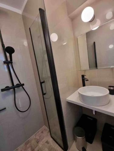 une salle de bain avec une douche en verre et un lavabo dans l'établissement New top floor avec vue mer, Croisette à Palm Beach, à Cannes