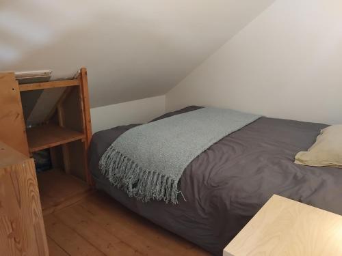 une chambre avec un lit et une étagère dans l'établissement Studio au pied de l'alpe d'huez, au Bourg-dʼOisans