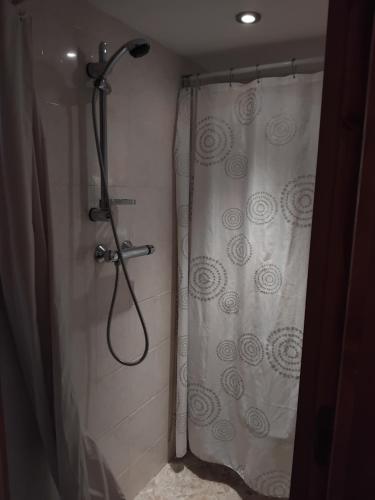 une salle de bain avec une douche avec un rideau de douche dans l'établissement Studio au pied de l'alpe d'huez, au Bourg-dʼOisans