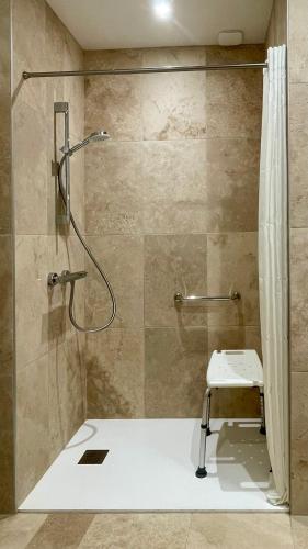 une salle de bain avec une douche avec un lavabo et des toilettes dans l'établissement L'Oxalis doré, à Frontenas