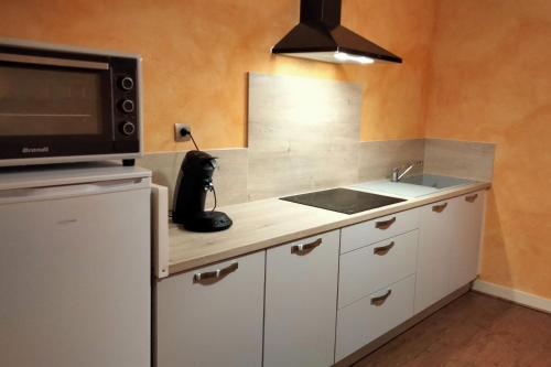 a kitchen with a counter with a microwave and a sink at Au Nid Douillet in Bourges