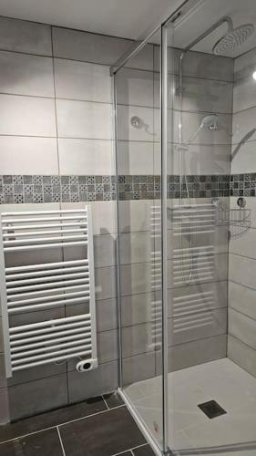 une douche avec une porte vitrée dans une salle de bain dans l'établissement Appartement cosy neuf, à Saint-Sornin-Lavolps